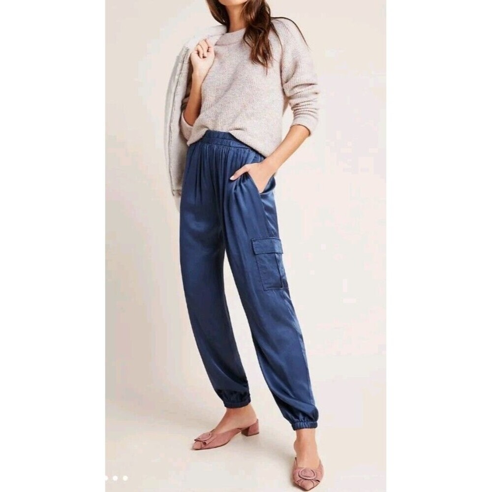 Anthropologie Tina + Jo Baker Satin Cargo Joggers Womens Small Blue Pull On Pant